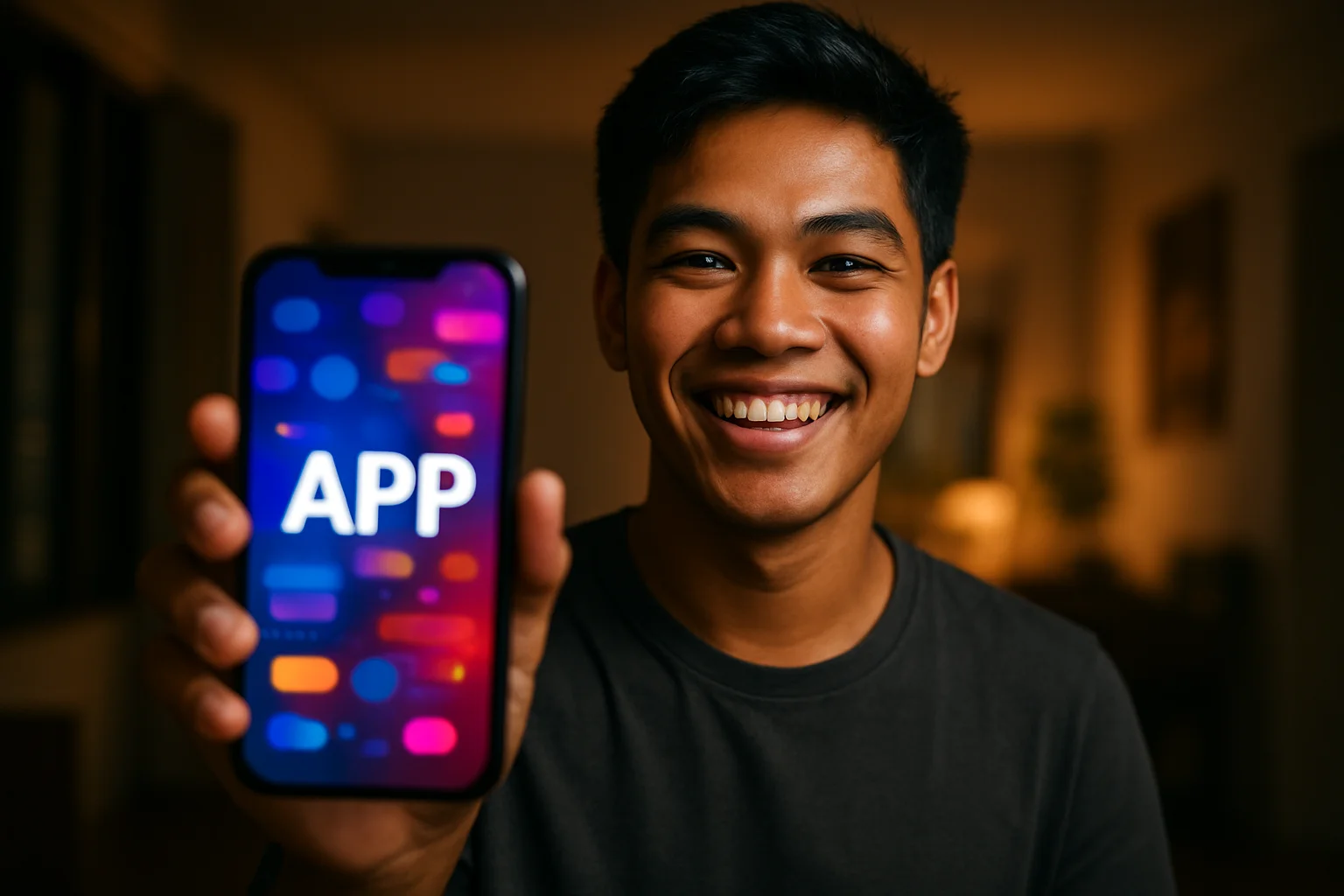 Smiling young Filipino man holding smartphone with colorful gaming app screen