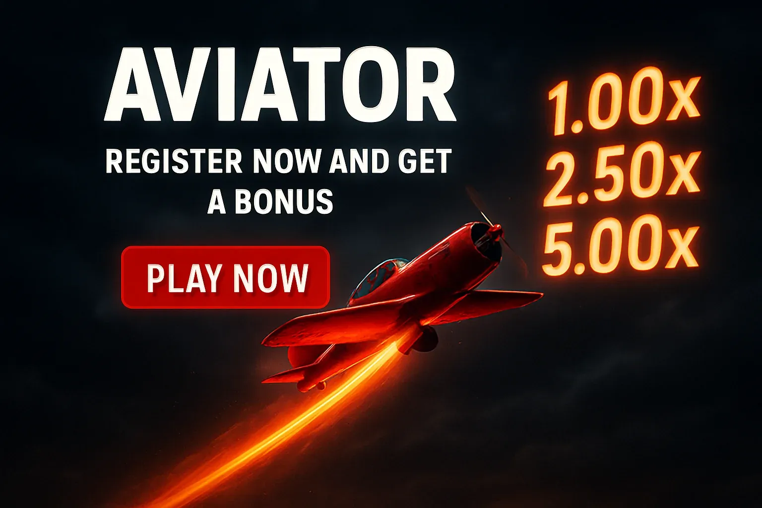 Aviator crash game banner with red plane, multipliers, and play button