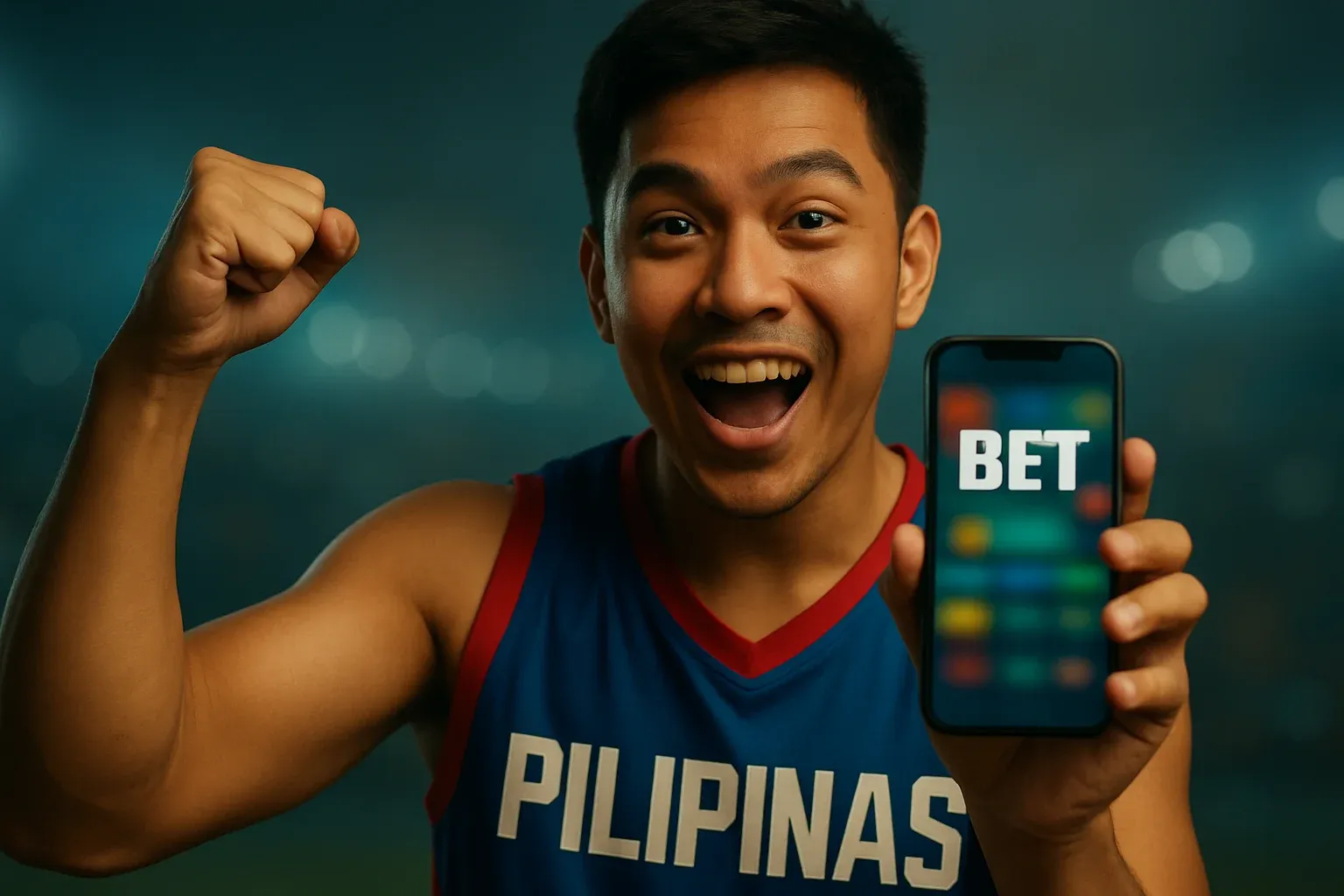 Excited young Filipino man holding smartphone with sports betting screen