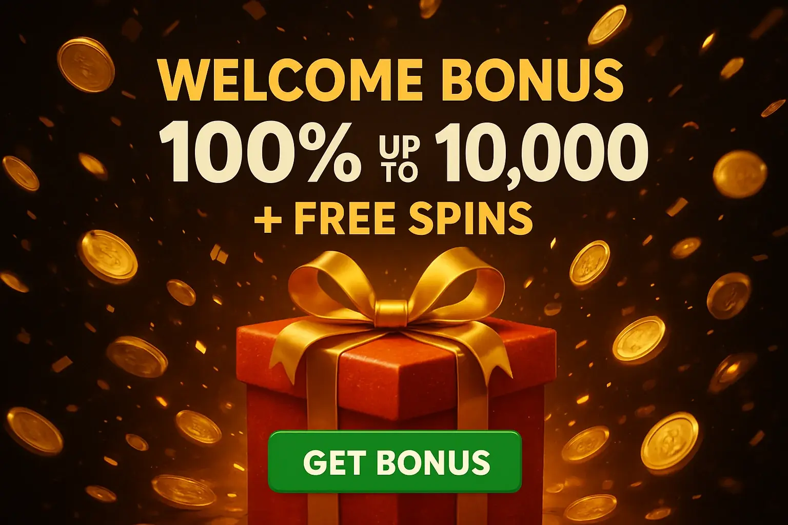Casino welcome bonus banner with gift box, coins, confetti, and green CTA