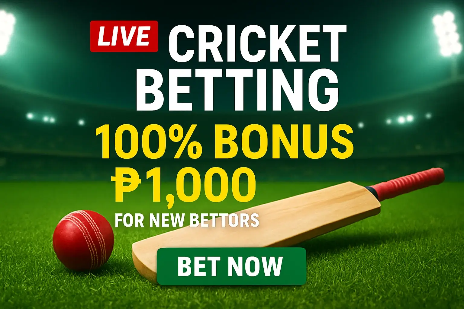 Cricket betting banner with stadium, bat, ball, bonus and Bet Now button
