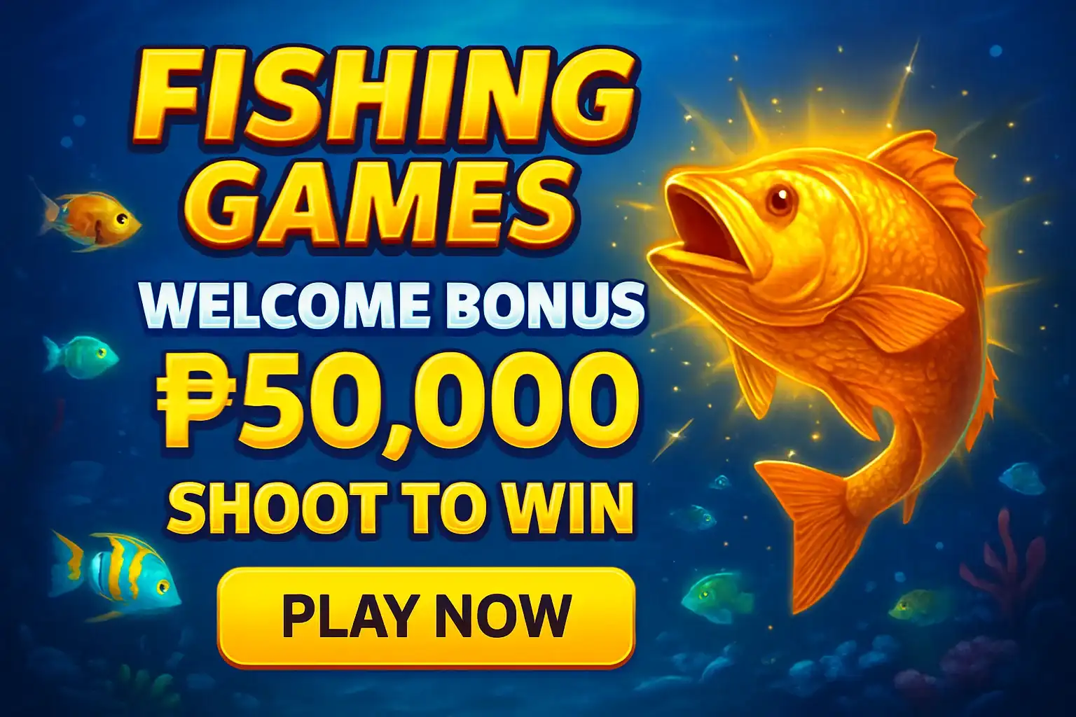 Fishing arcade banner with underwater boss fish, bonus offer, and play button