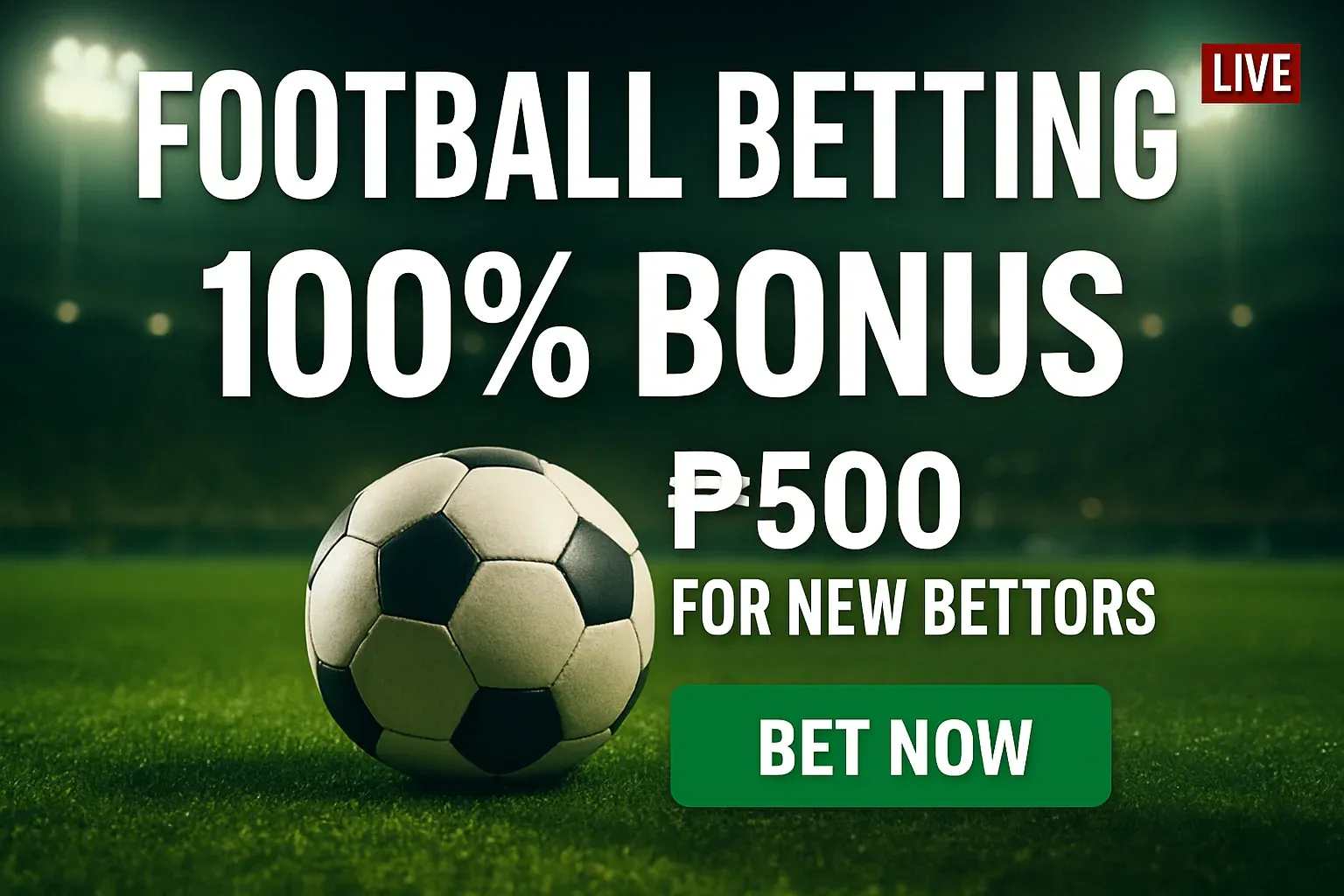 Football betting banner with soccer ball, stadium lights, bonus offer, and CTA