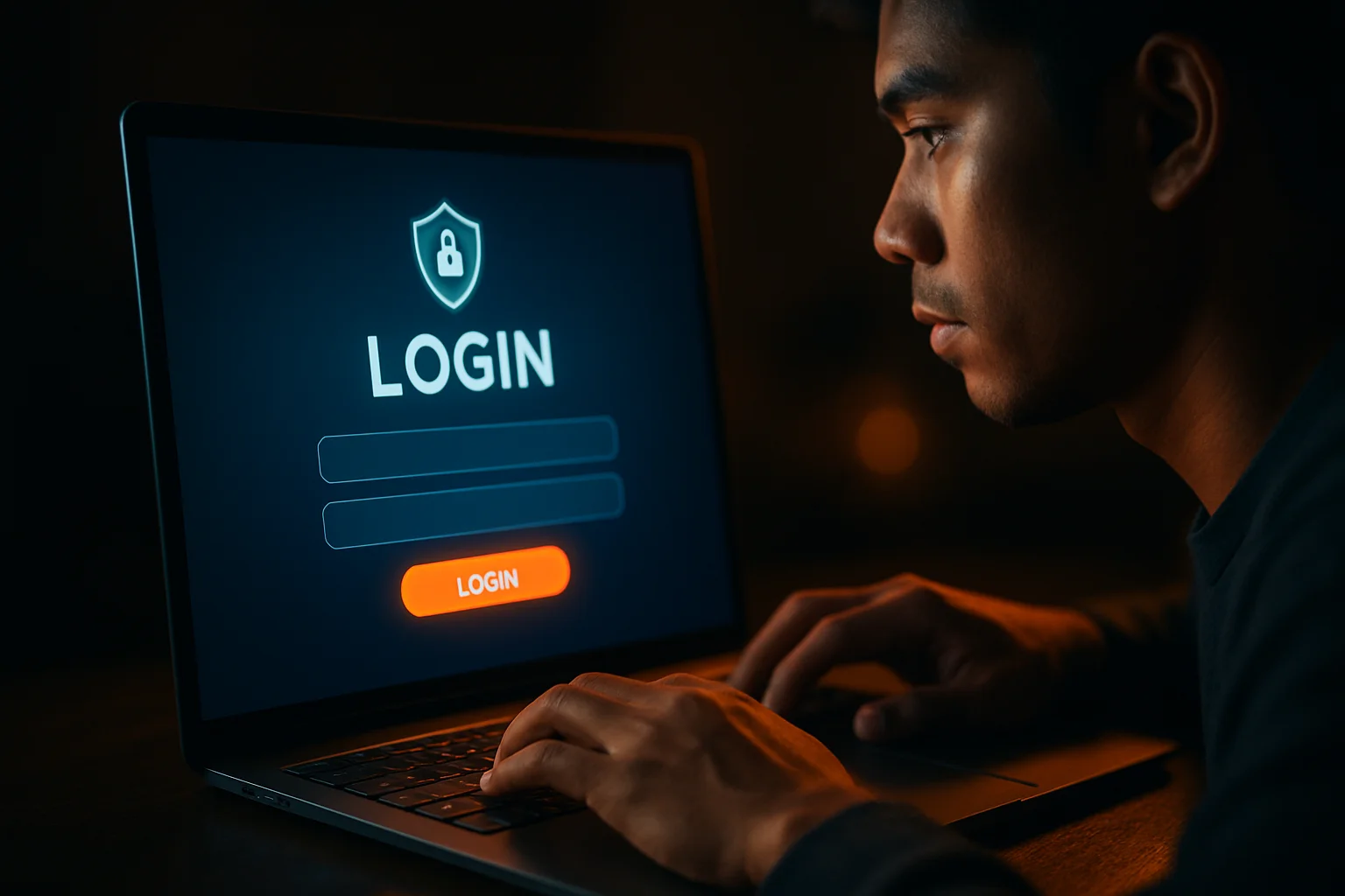 Young Filipino man using laptop with visible login screen and glowing button