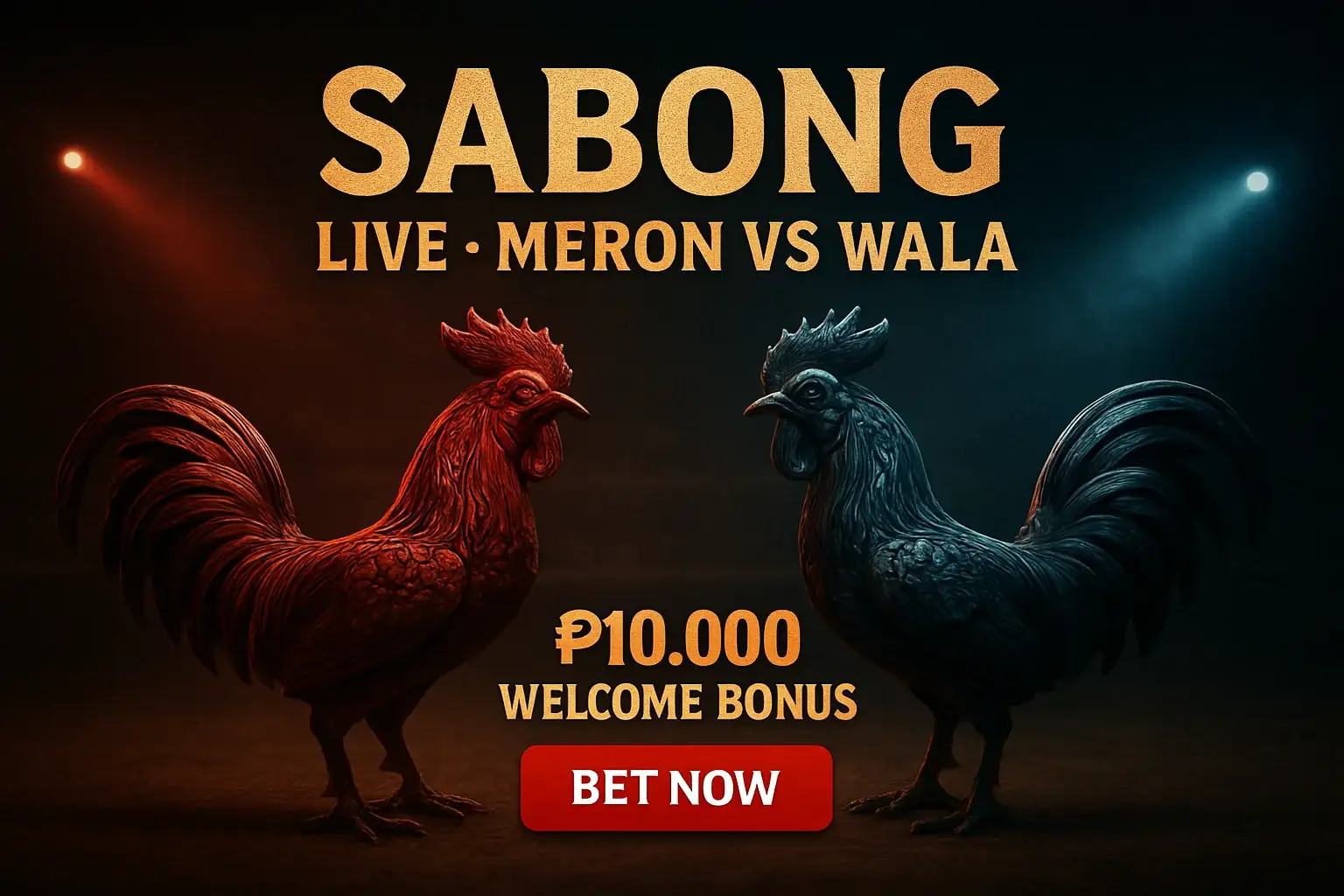 Live sabong banner with decorative rooster figurines and arena lighting