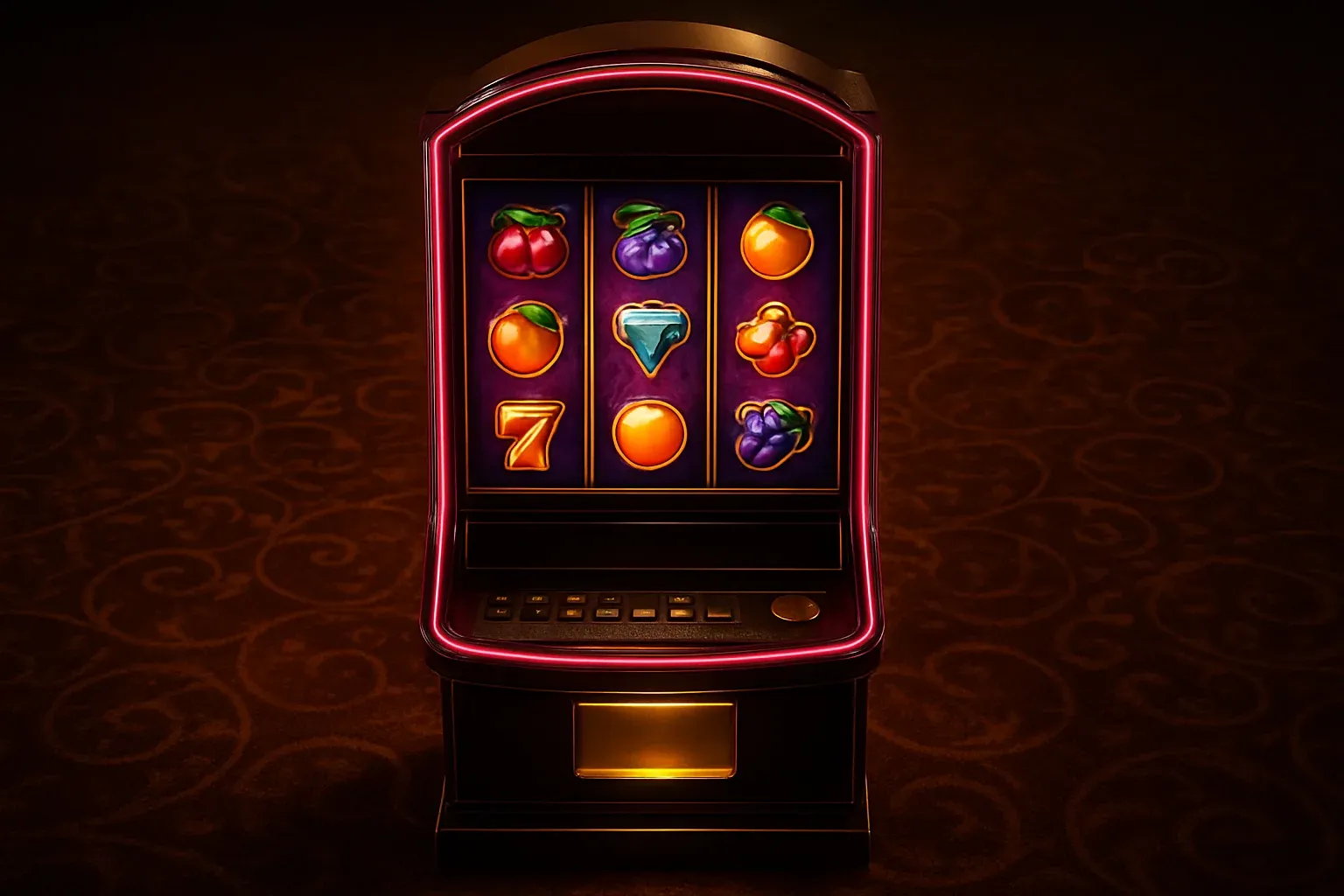 Complete premium slot machine on dark luxury casino floor with three reels